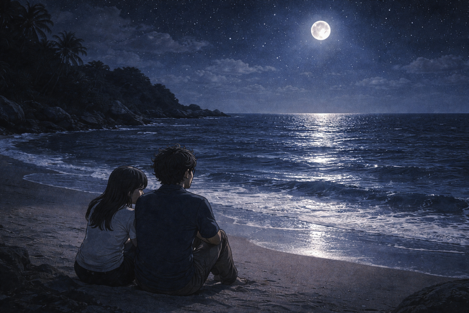 Wide panoramic — a dark beach at night, moonlight on gentle waves. Two small figures sitting close together. The world reduced to two people and the sound of water.